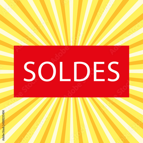 Bandeau rouge soldes sur fond estival. Soldes d'été. Beautiful red banner on a sunburst background. French illustration.