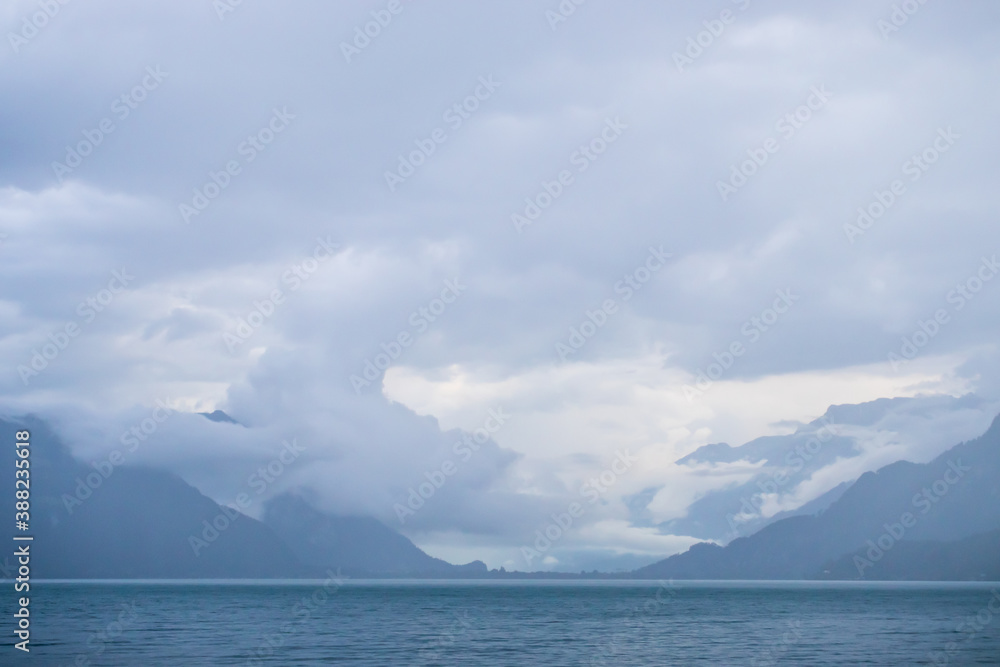 Clouds over Thunersee, Lake Thun, in Switzerland on a stormy summer day.