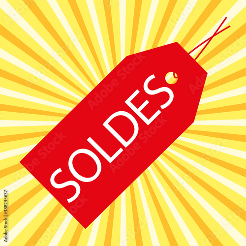 Etiquette rouge soldes sur fond estival. Soldes d'été.  Beautiful red label on a sunburst background. French illustration.
