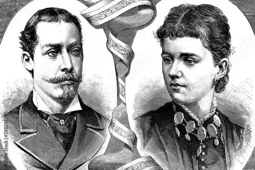 Prince Leopold, Duke of Albany and his spouse Princess Helena of Waldeck and Pyrmont. Antique illustration, 1882.