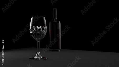 Gothic style red wine glass design with silver details, black minimalistic background, an opened bottle of wine in the back.