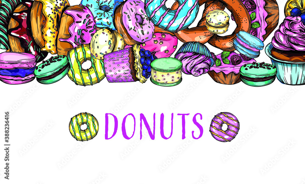 Vector illustration of donuts, coffee, pastries. Postcard, banner, screen saver. Bright illustrations of bagels, donuts, cookies, coffee, cappuccino, macaroons.