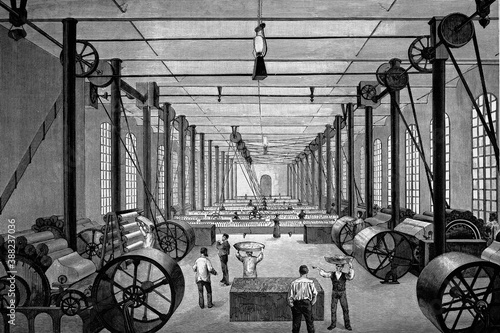 Barcelona, Spain. Sert Hermanos y Sola, textile factory, interior of the yarn and fabric workshop, internationally awarded for their quality. Antique illustration, 1882.