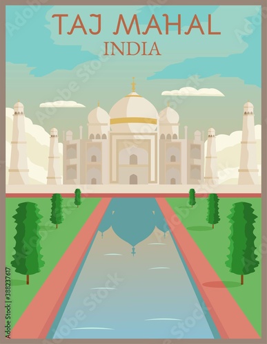 Illustration vector design of retro and vintage travel poster of Taj Mahal, India