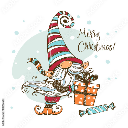 Cute Christmas gnome with gifts in Doodle style. Greeting card. Vector