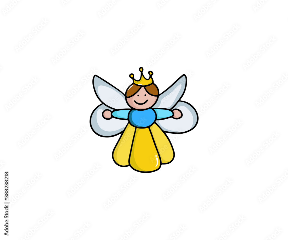 Angel with a crown character vector illustration.  Happy winter holiday and Merry christmas concept. Isolated on white background Greeting card design, posters, gift tags and labels.