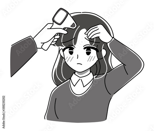 ベクター・検温してもらうお姉さんのイラスト・入り口で熱を測る・非接触体温計・困り顔（モノクロ）
