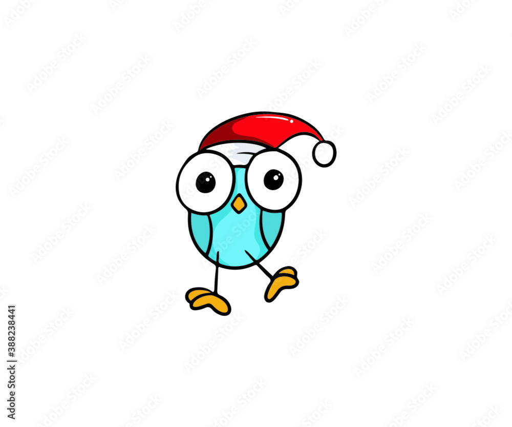 Fototapeta premium Funny bird character snowman vector illustration. with red hat flat style. Happy winter holiday concept. Isolated on white