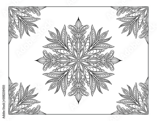 Hand drawn mandala frame. Letter size vector illustration isolated on white background. Decorative ornament in ethnic oriental style. Coloring book page.