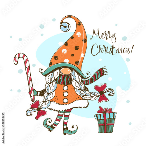 Cute Christmas gnome girl with gifts and sweet candy. Vector