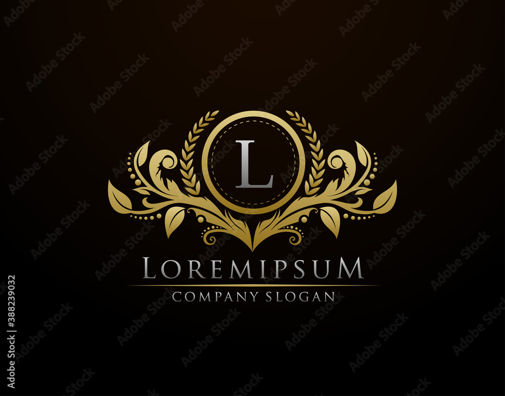 Luxury Gold Boutique Letter L Monogram Logo, Vintage Gold Badge With Classy Floral Design.