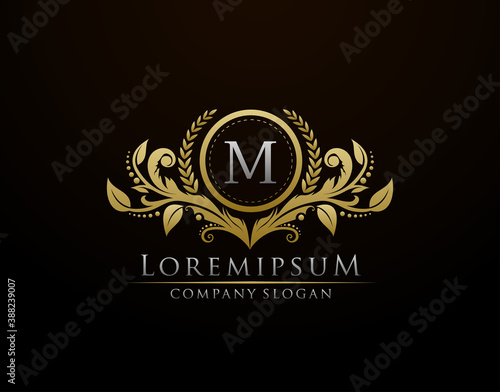 Luxury Gold Boutique Letter M Monogram Logo, Vintage Gold Badge With Classy Floral Design.