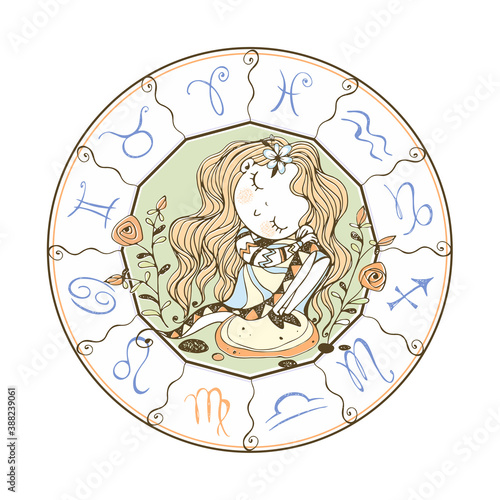 Children's zodiac. Sign Of Virgo. Cute girl sitting on a rock. Vector.