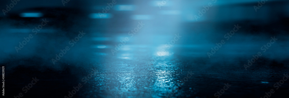 Obraz premium Dark cold wet street, asphalt, neon light. Reflection of neon in water. Empty night street scene, night city, smoke. abstract dark empty scene abstract night landscape neon blue light silhouettes