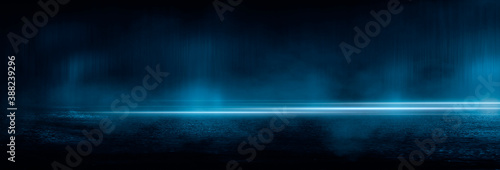 Dark cold wet street, asphalt, neon light. Reflection of neon in water. Empty night street scene, night city, smoke. abstract dark empty scene abstract night landscape neon blue light silhouettes