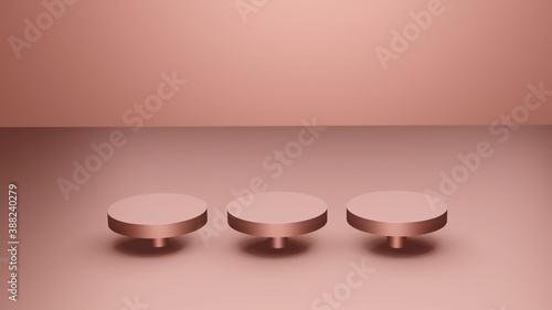 3d Render image, Pink Gold product stand display or Showcase, Background studio in pastel pink color.