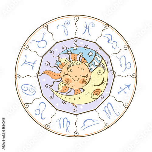 Zodiac. Astrological symbol. Horoscope. The sun and the moon. Astrology Mystical Vector
