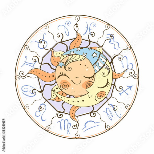 Zodiac. Astrological symbol. Horoscope. The sun and the moon. Astrology Mystical Vector