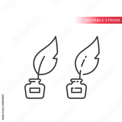 Quill pen with ink well line vector icon. Bird feather with ink stand or inkwell editable stroke symbol.