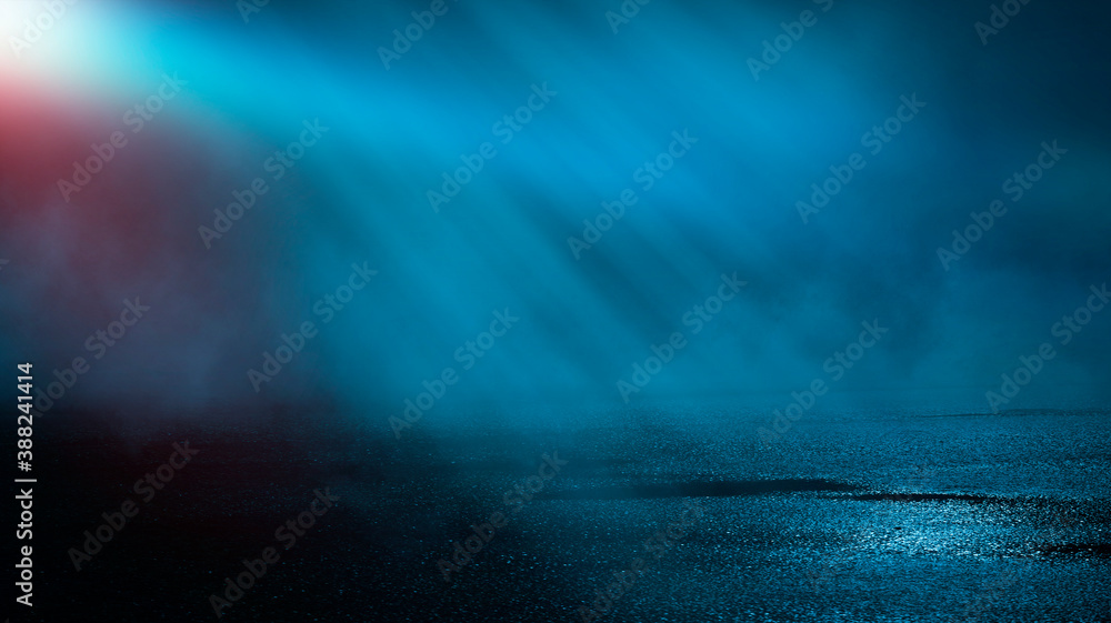 Dark cold wet street, asphalt, neon light. Reflection of neon in water. Empty night street scene, night city, smoke. abstract dark empty scene abstract night landscape neon blue light tree silhouettes