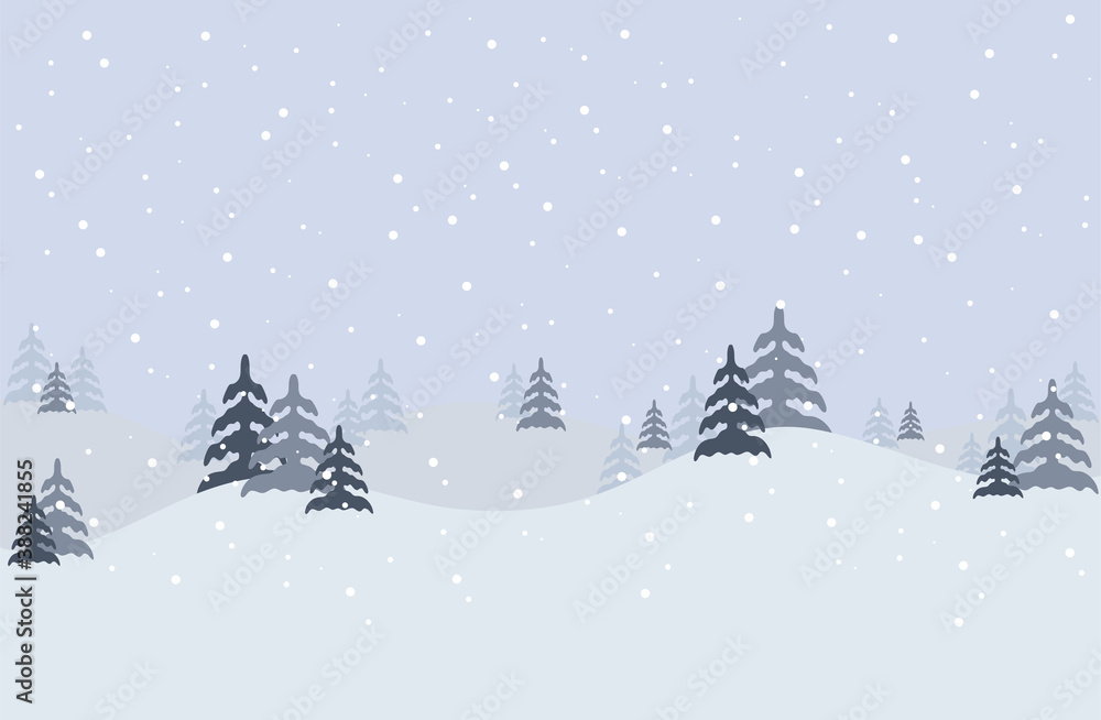 Winter Landscape Background with fir-trees and mountain. Vector stock illustration in flat design for Invitation, web banner, greetings card, social media