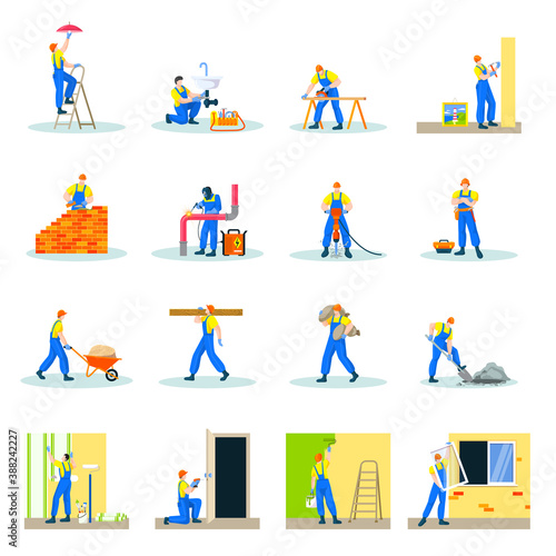 Home repair workers doing maintenance, industrial contractors work people set isolated on white vector illustration. Professional building.