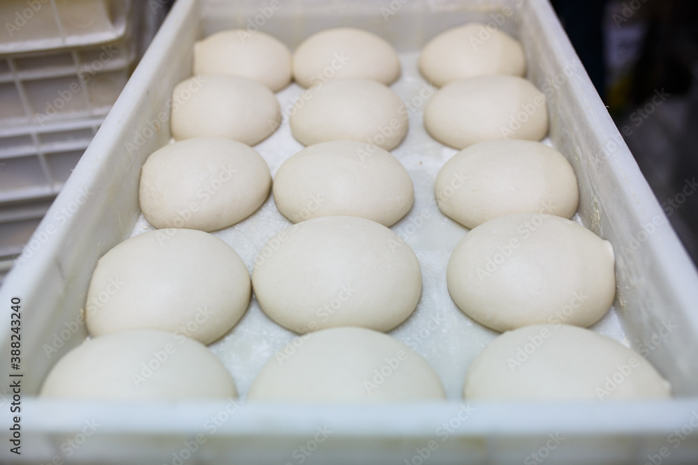 Panetti di pasta per la pizza divisi e pronti per essere stesi Panetti di pasta per la pizza divisi e pronti per essere stesi