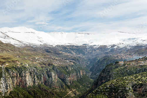Snow capped mountains overlooking Qadisha valley, Bsharri, Lebanon photo