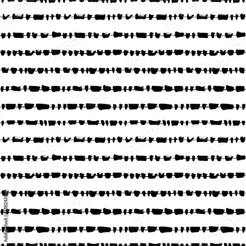 Horizontal lines with abstract splotch vector seamless pattern. Black and white simple dotted lines background. Stripes with blots in the form of a garland. Creative wallpaper, textile print design