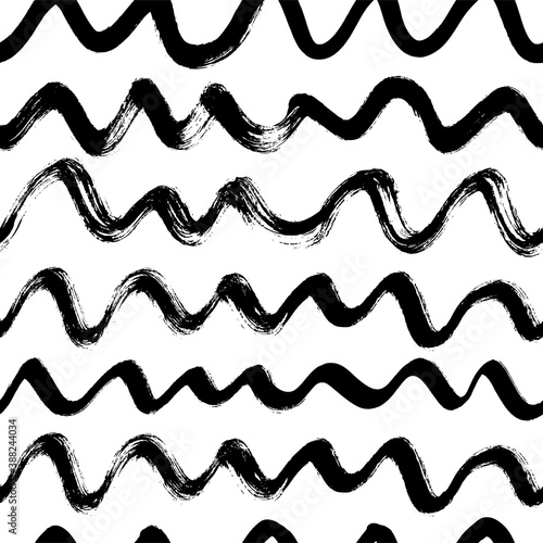 Wavy grunge lines vector seamless pattern. Horizontal brush strokes, swirls, stripes and waves. Curly brush strokes. Black paint hand drawn background. Geometric ornament for wrapping paper. 