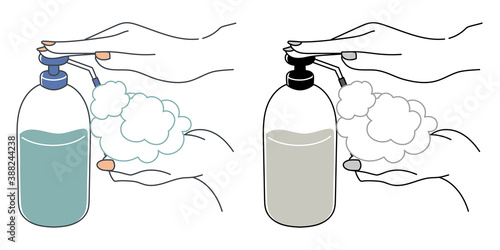 ベクター・ハンドソープで手を洗う人のイラスト（モコモコ）