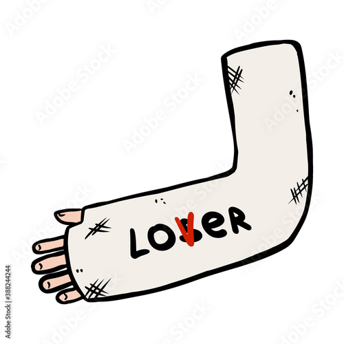 Broken arm cast doodle with lover loser text message. Injured limb in gypsum plaster. Media glyph graphic symbol
