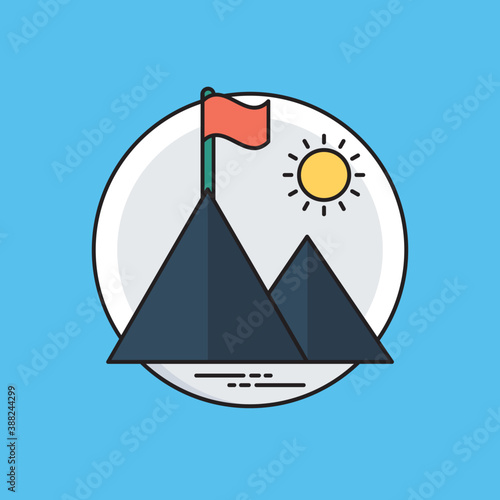 
Scenic icon enriched with two hills, shining sun and flag wedged at the top hill, idea of get on top 
