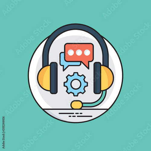 
An icon with customer service earphone, chat bubbles and gears icon collaboratively describing customer service management icon 
