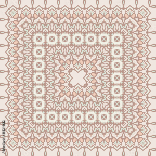 Creative color style seamless pattern in beige in oriental style. Square ornament for scarves, pillows, for printing on fabric or paper.