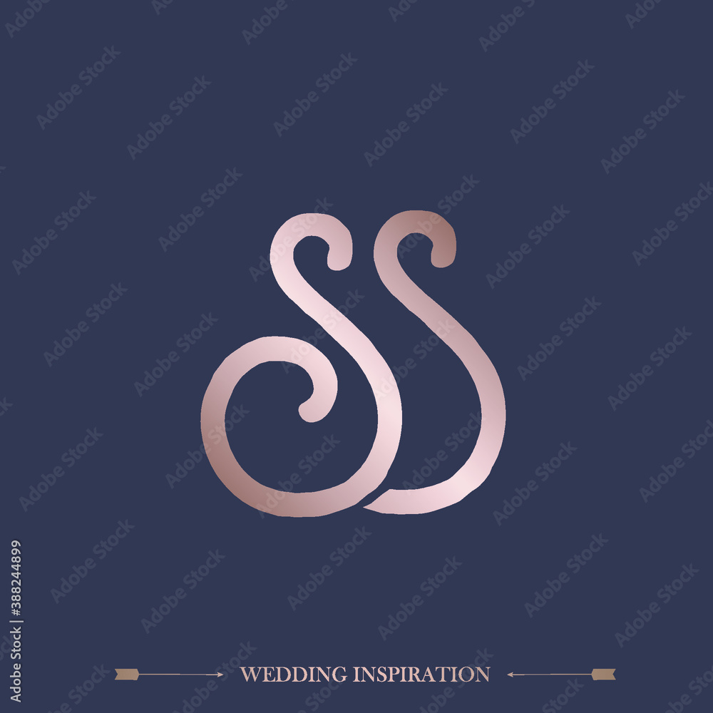 SS monogram logo.Lettering icon in shiny metallic rose gold color isolated on dark background.Typographic illustration suitable for wedding, beauty, spa and aesthetics business. SS monogram logo.Lettering icon in shiny metallic rose gold color isolated on dark background.Typographic illustration suitable for wedding, beauty, spa and aesthetics business.