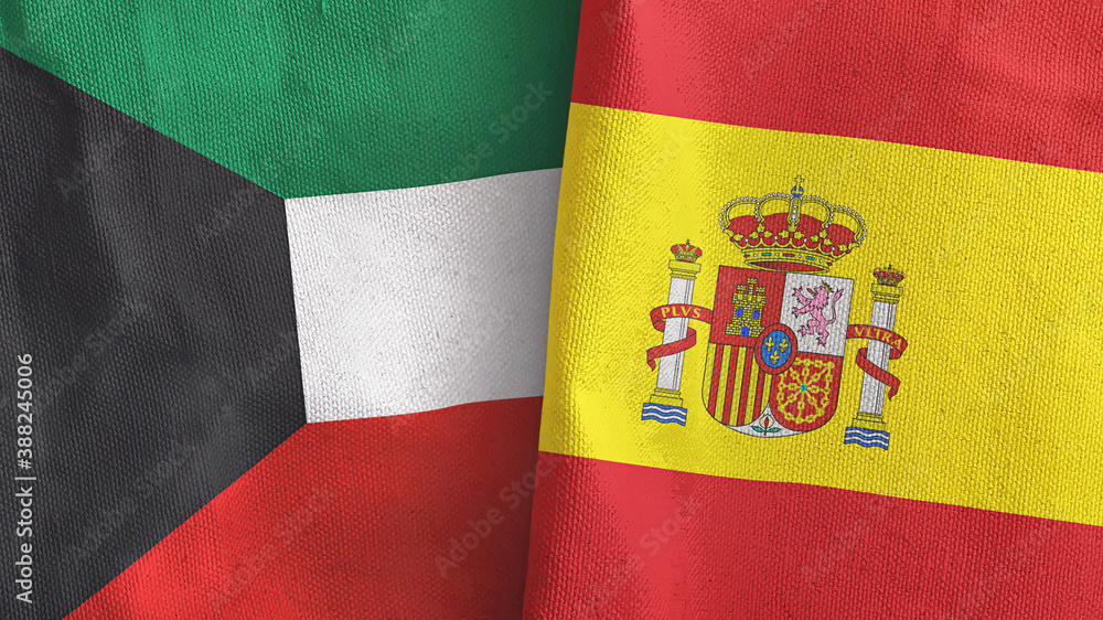 Fototapeta premium Spain and Kuwait two flags textile cloth 3D rendering