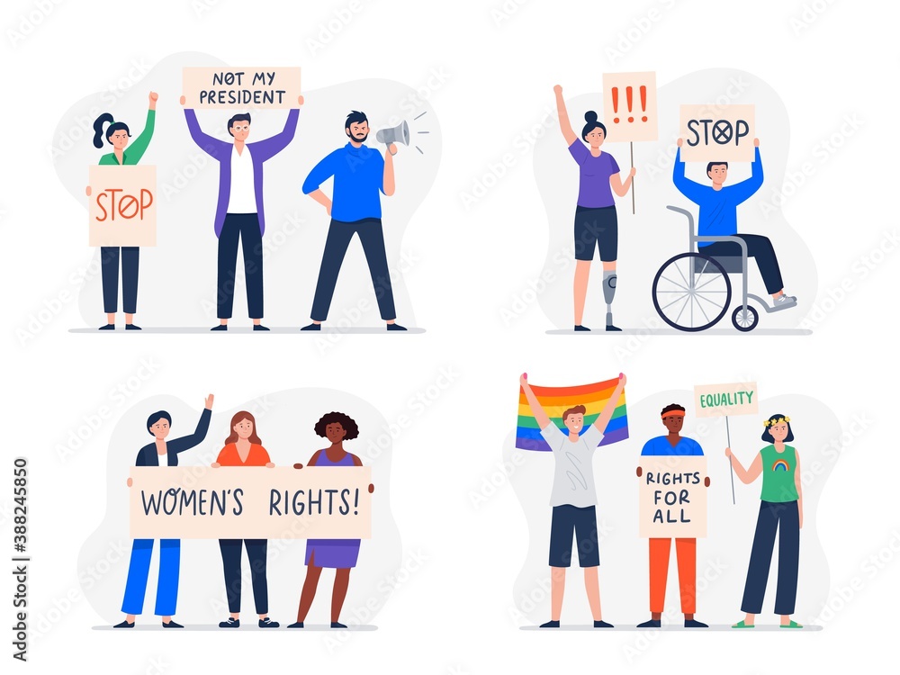 A set of different protest people with banners. Protest against political candidates, president. People advocate for the rights of LGBT, women, persons with disabilities. Vector flat illustration. A set of different protest people with banners. Protest against political candidates, president. People advocate for the rights of LGBT, women, persons with disabilities. Vector flat illustration.
