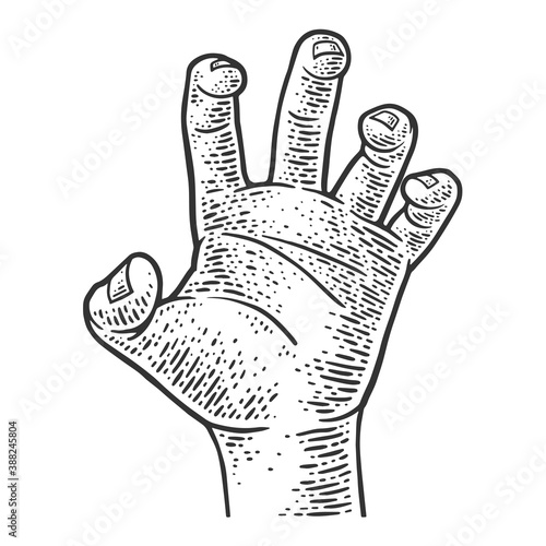 hand grasping sketch engraving vector illustration. T-shirt apparel print design. Scratch board imitation. Black and white hand drawn image.