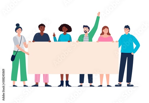 Protesting people holding a blank placard. Young and modern activists on parade or political meetings standing together. Expression of political, social position. Vector flat illustration. 