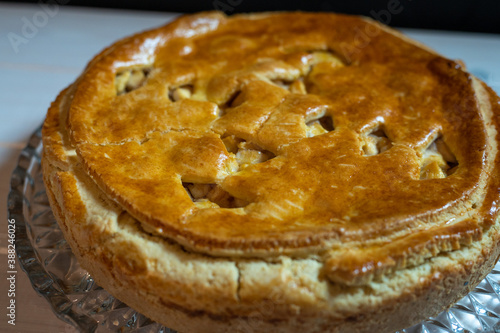 detailed view of a covered apple pie, close up