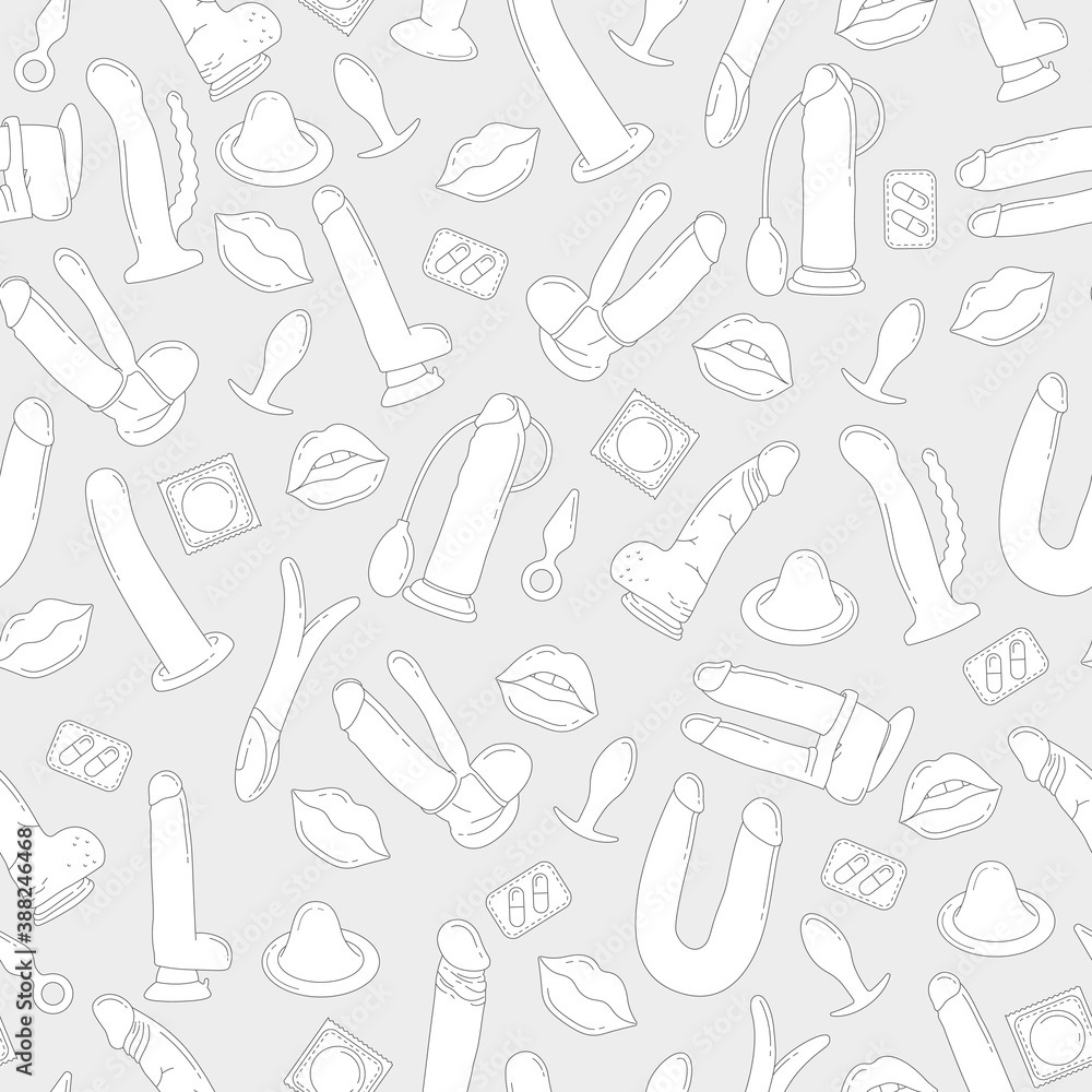 Sex toys, a set of items from a sex shop. Silhouettes of toys for adults. Monotone vector seamless pattern.