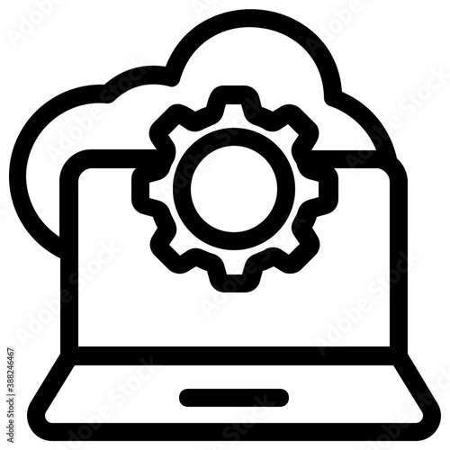  A laptop screen under cloud with gear, cloud computing process flat icon 