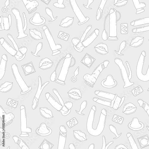 Sex toys, a set of items from a sex shop. Silhouettes of toys for adults. Monotone vector seamless pattern.