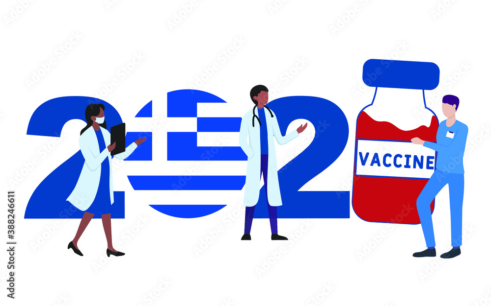 2021 year. Covid-19 vaccine with Greece flag and doctors on white background. Greeting card on the theme of fighting the COVID-19 epidemic with the hope of receiving a vaccine by 2021