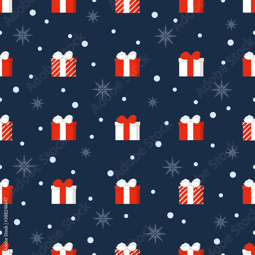 Wallpaper Mural Christmas presents and snowflakes seamless pattern. White, red gift boxes with ribbon and bow and stars on a deep blue background. New year, winter holidays, celebration backdrop, gift wrapper print. Torontodigital.ca