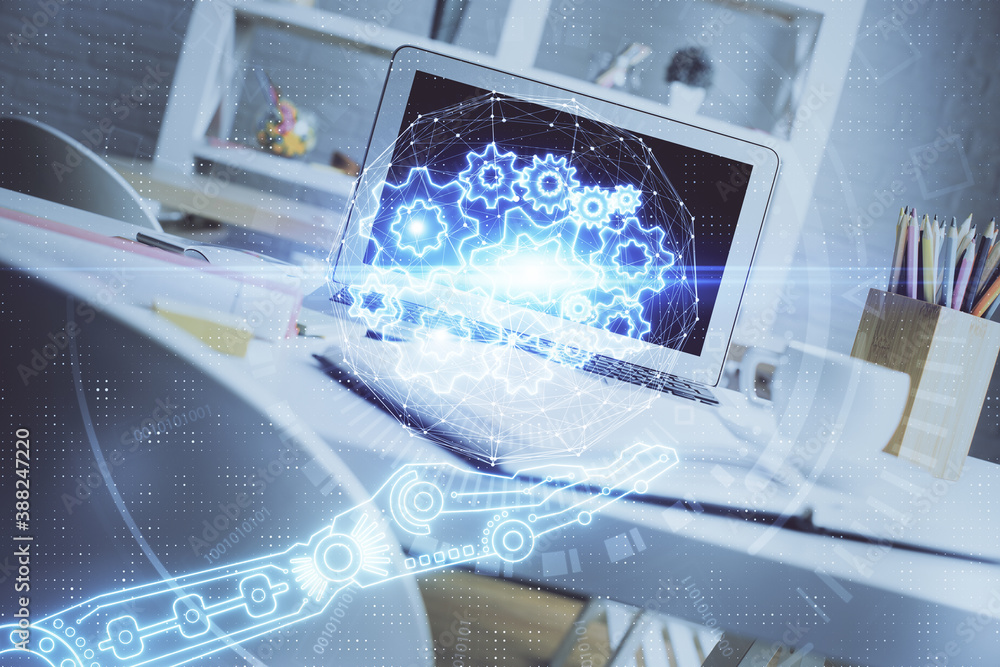 Double exposure of desktop with personal computer on background and tech theme drawing. Concept of Bigdata. Double exposure of desktop with personal computer on background and tech theme drawing. Concept of Bigdata.