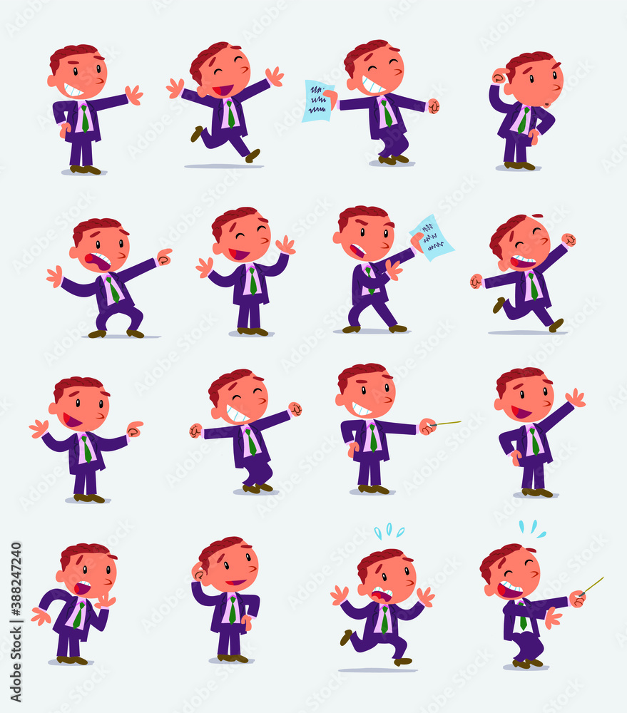 Cartoon character businessman in smart casual style. Set with different postures, attitudes and poses, doing different activities in isolated vector illustrations.