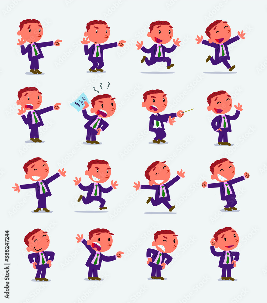 Cartoon character businessman in smart casual style. Set with different postures, attitudes and poses, doing different activities in isolated vector illustrations.