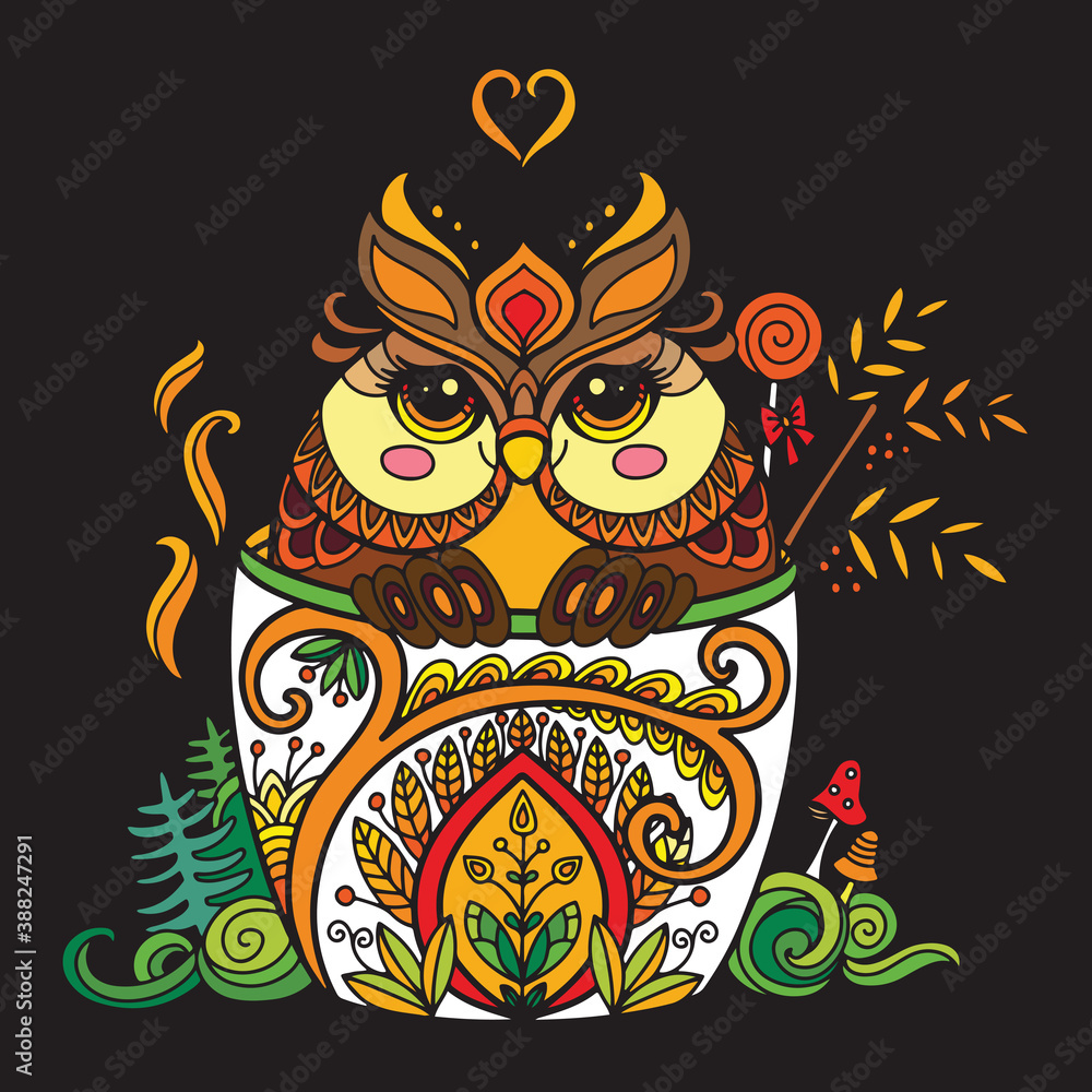 Colorful kawaii cute owl in a cup